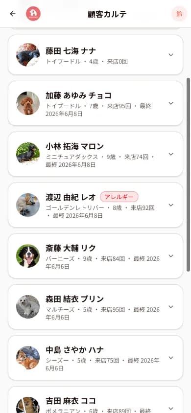 犬ごとの顧客カルテの画面
